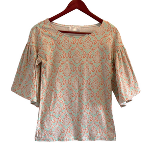 Aragon Paisley Floral Patterned Women's Top Bell Sleeves Ruffles Size M (note)